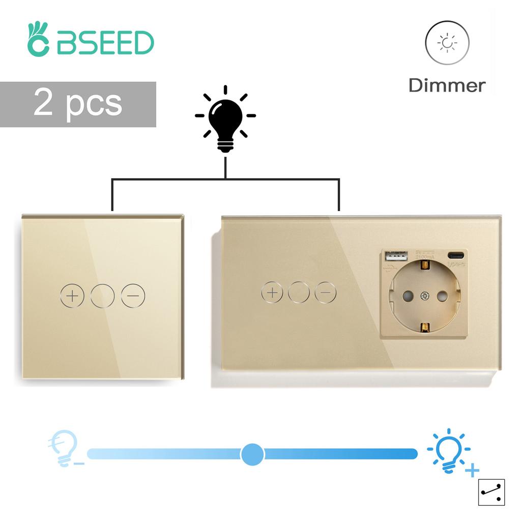 BSEED LED Touch Dimmer Schalter Wanddimmer 1-fach 2-Wege Sensor Schalter Plus EU Steckdosen USB Typ-c Gehärtetes Glas Wasserdicht 2er Pack