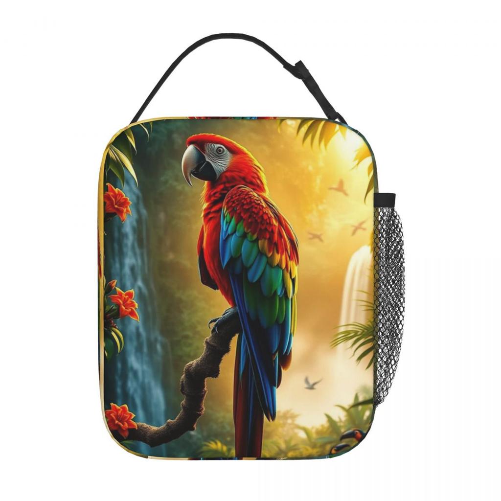 Tropisches A-Wald-Papageien-Design Isolierte Lunchtasche für Damen Kinder Tragbare Lebensmittelboxen Thermische Lunchbox Tragetasche