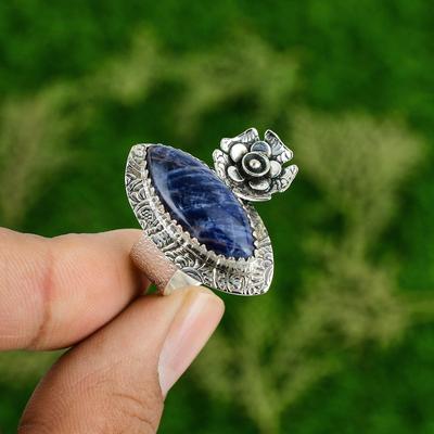Hochzeitsgeschenk für sie 925 Silber Natürlicher Sodalith Stapelbarer Blumenring Größe 7