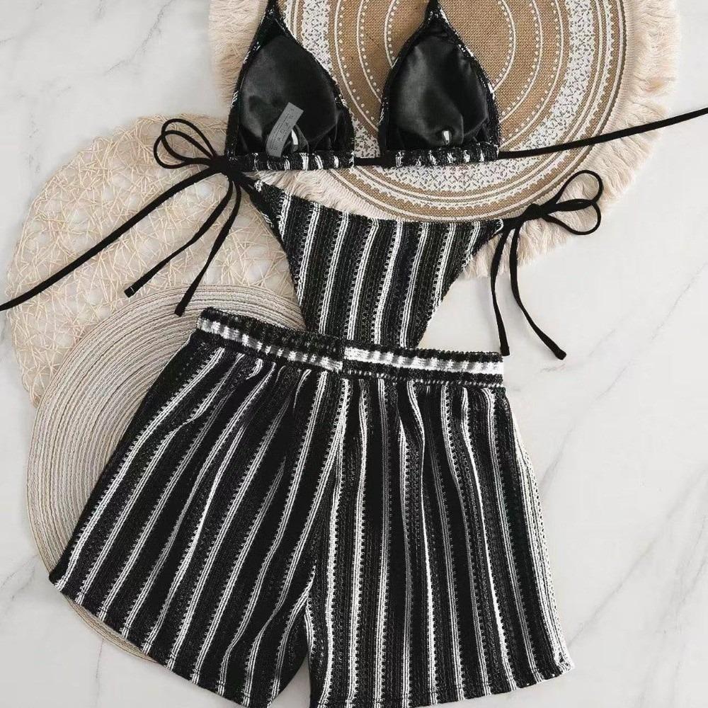 Stripes 3 in 1 Swimwear Set Lace Up Knitting Swimsuit Casual Bikini Bathing Suit  Beach
