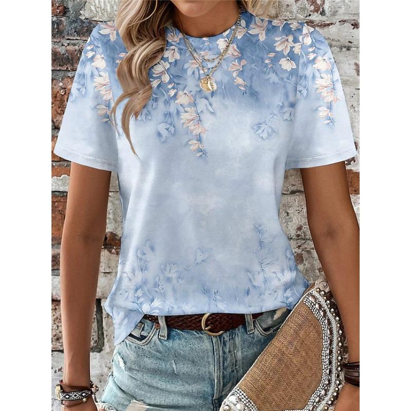 Summer Round Neck 3D Flower Print Top Fashionable Casual Short Sleeved Women's T-shirts