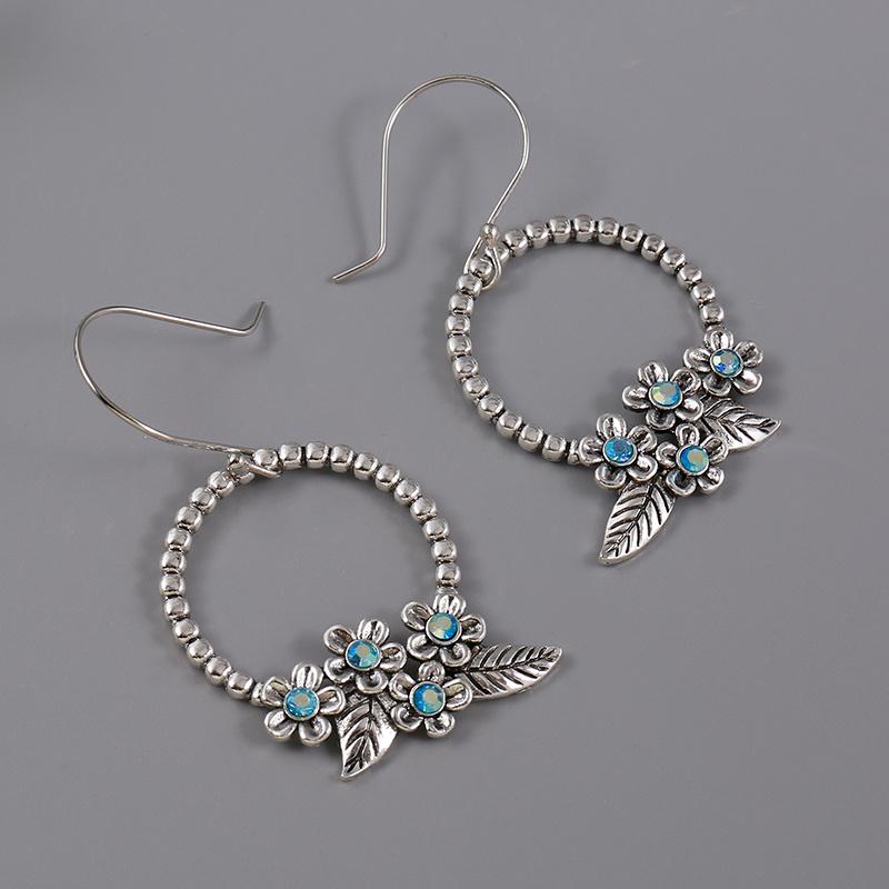 Hollow Circle Design With Flower Decor Synthetic Gems Inlaid Dangle Earrings Retro Bohemian Style Delicate Female Gift