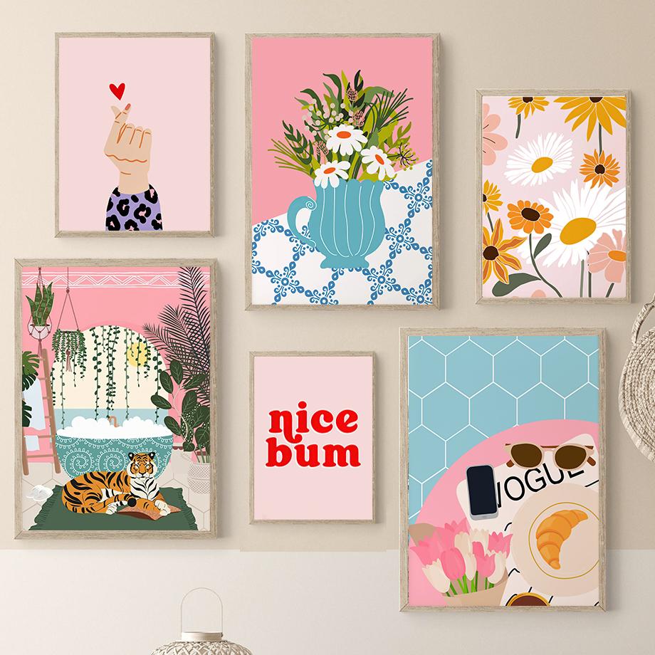 Girl Tiger Leaf Vase Flowers Abstract Landscape Posters and Prints Wall Art Canvas Painting Pictures For Living Room Home Deco