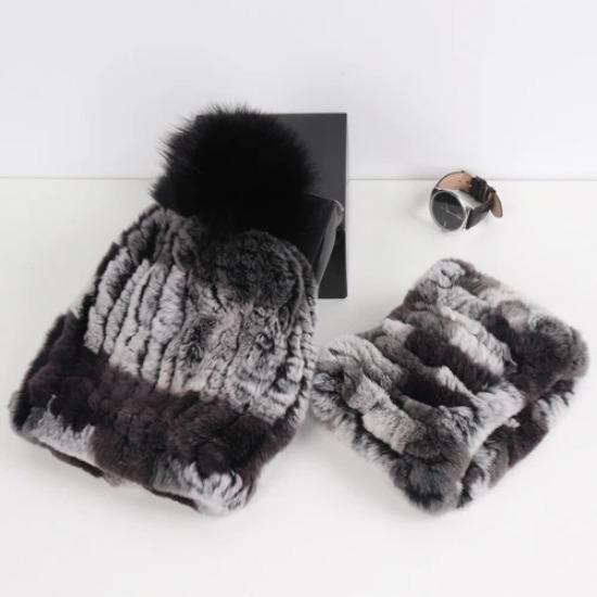 New Fashion Knitted Good Elastic Real Fur Scarf Hat Sets Women Winter Warm Natural Rex Rabbit Fur Scarves Hats Sets