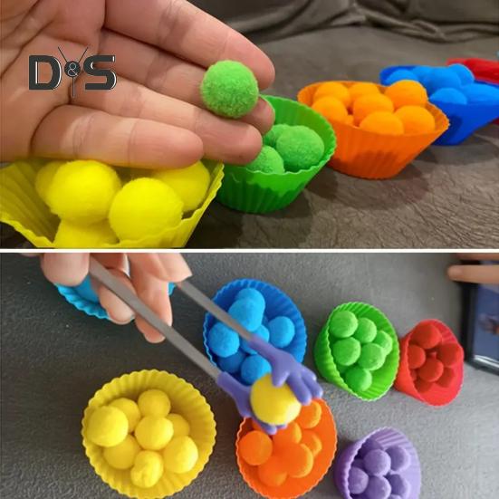 78Pcs/Set Kids Color Sorting Toy with 7 Bowls 70 Pompoms Clip Preschool Learning Ball Counting Matching Game Toddlers Boys Girls Educational Color