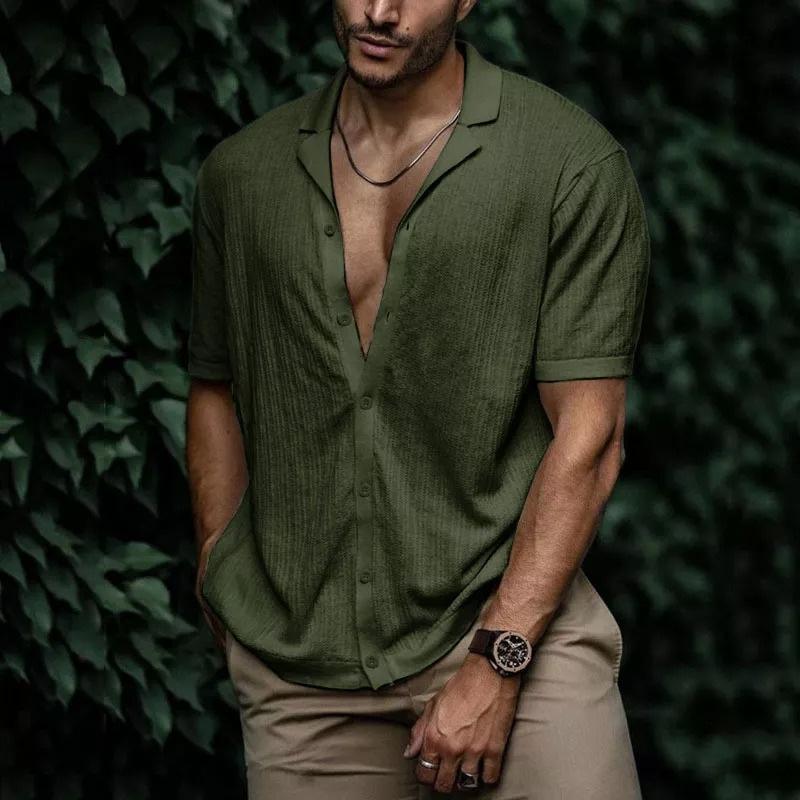 Men's Casual Short Sleeve Shirt Button Down Lightweight Breathable Textured Fabric Relaxed Fit Summer Shirt