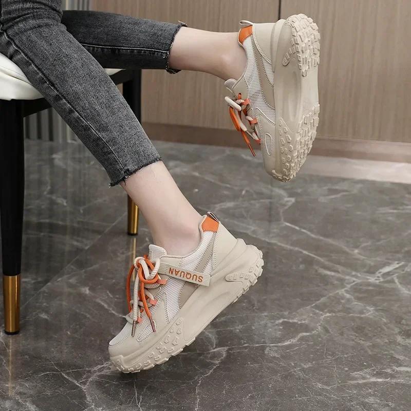 Women's Sneakers Autumn Height Increasing Breathable Thick Soled Mesh White Shoes Wear-resistant Lace Up Casual Sports Shoes