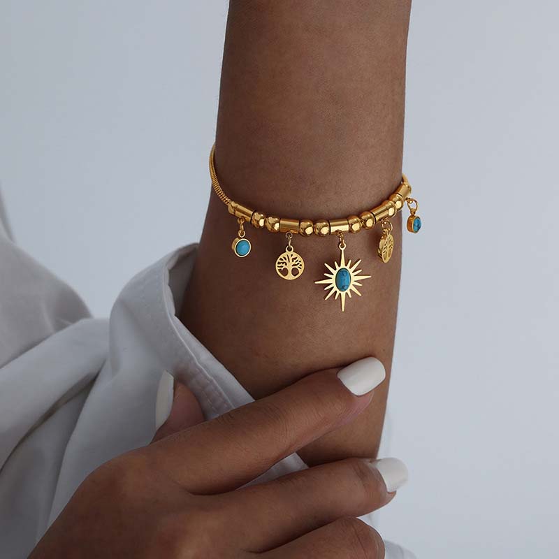 

Vintage Green Stone Sunflower Pendant Necklace Bracelet For Women Men Fashion Metal Irregular Clavicle Chain Wedding Zircon