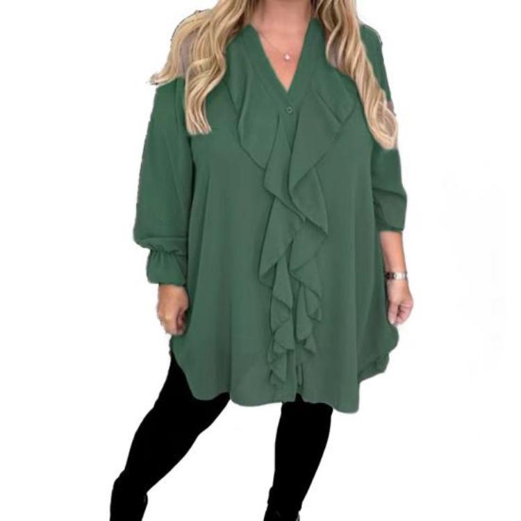 

V Neck Casual Shirt for Women Long Sleeve Solid Color Loose Fit Ruffle Trim XXXL армія зелений колір