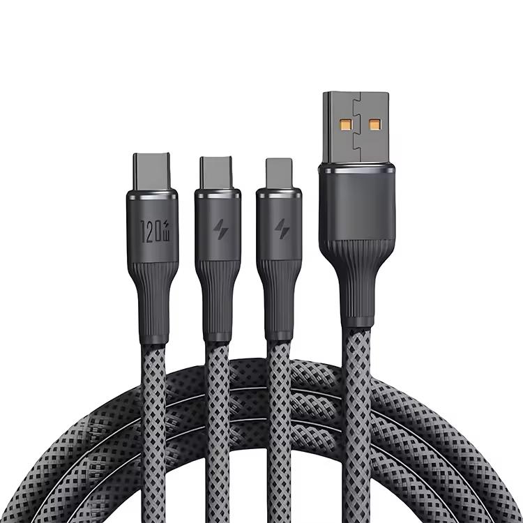 High Quality 3IN1 120W 2M Super Braided Type-C 3A Fast Charging Nylon Data Cable Dual Core Tinned Copper