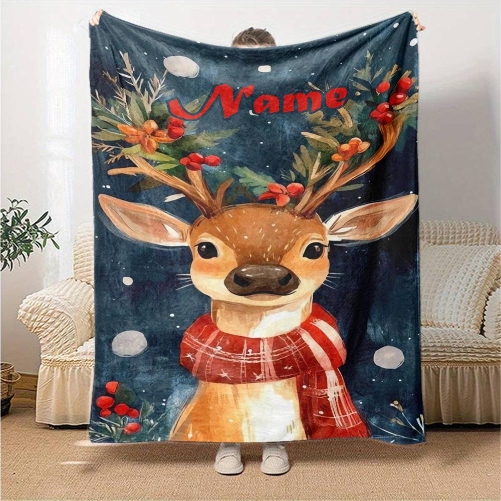Custom Name Christmas reindeer Theme Printed Blanket - Perfect for Couch, Bed, Travel & Outdoor Use | Machine Washable, Cozy & Durable.