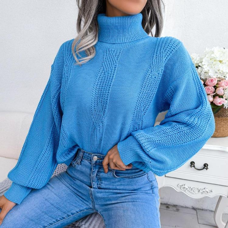 Women Autumn Winter Fashion High Neck Knitwear Top Lantern Sleeve Fried Dough Twist Sweater Bottoming