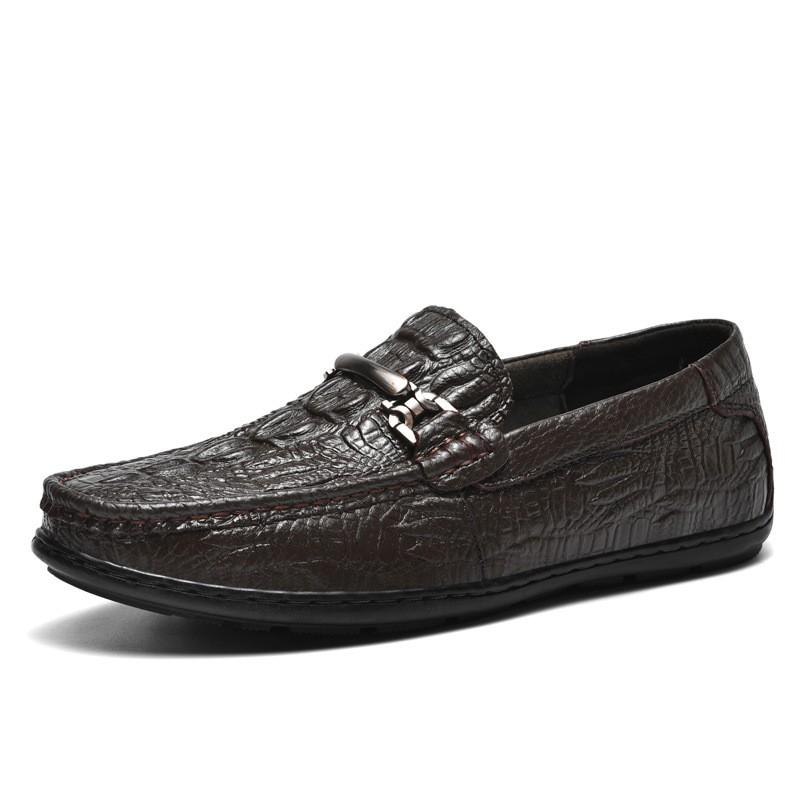 Mens Loafer Slip-On Shoes Genuine Leather Crocodile Texture Comfortable Casual Flat Winter