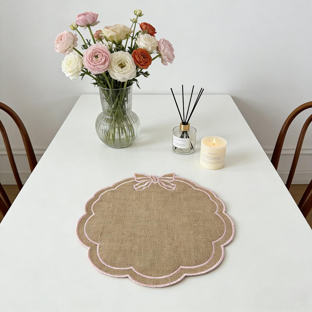 Elegant European Jute Placemats With Embroidered Butterfly Bow Design For Dining Room Decor