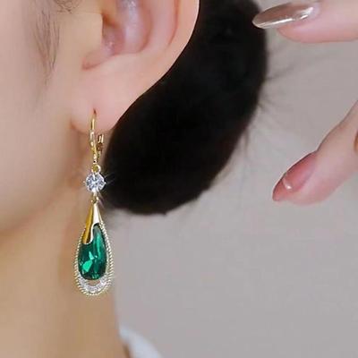 2024 Trendy Light Luxury Green Crystal Water Drop Earrings