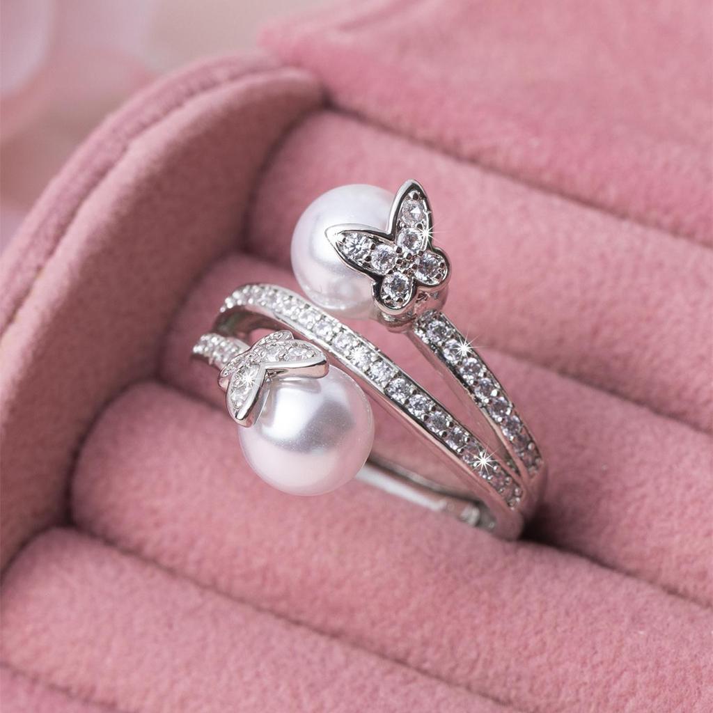 European and American Women's Fashion Design Butterfly Pearl Open Ring