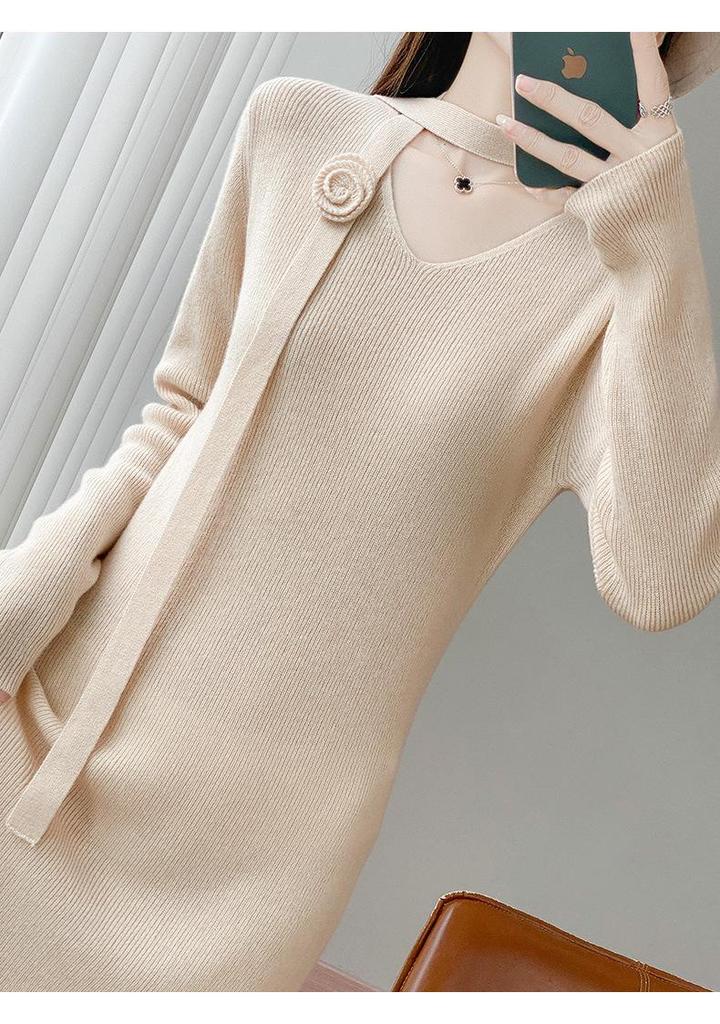 2025 A/W Women's Over-the-Knee Knit Dress with Long Sleeve Coat Layer