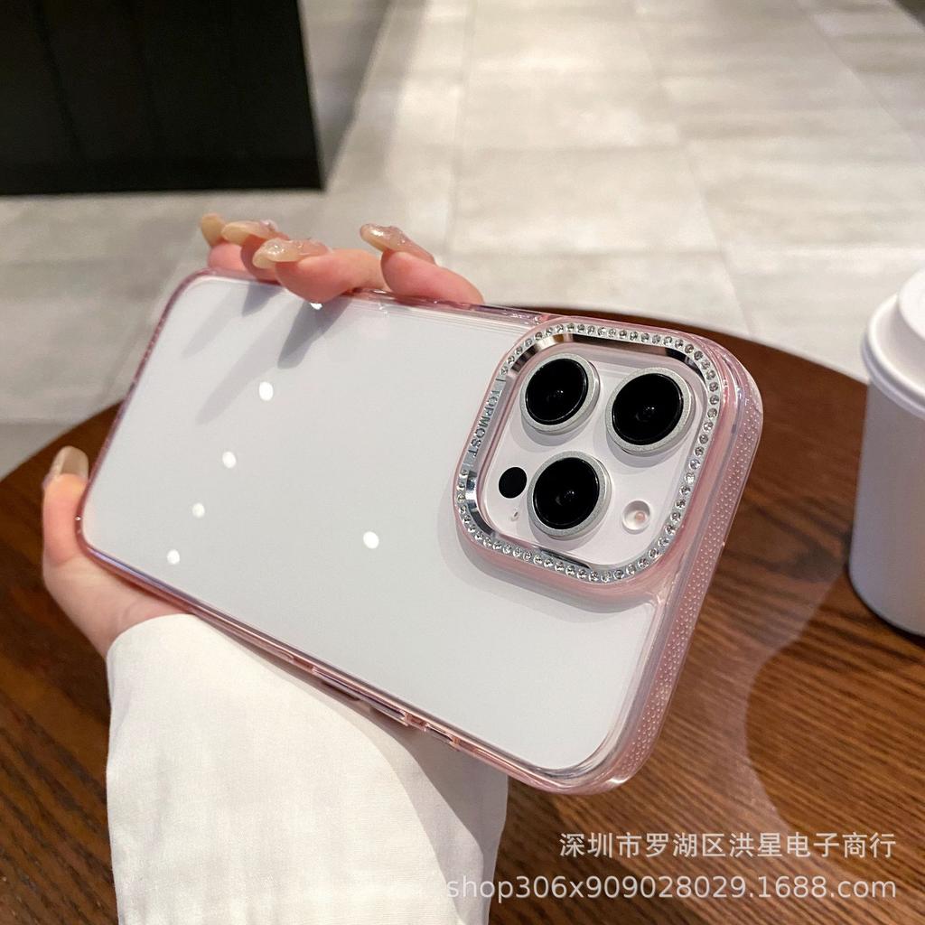 Diamond frame acrylic for iPhone16ProMax mobile phone case large hole Apple 15 transparent anti-drop protective case