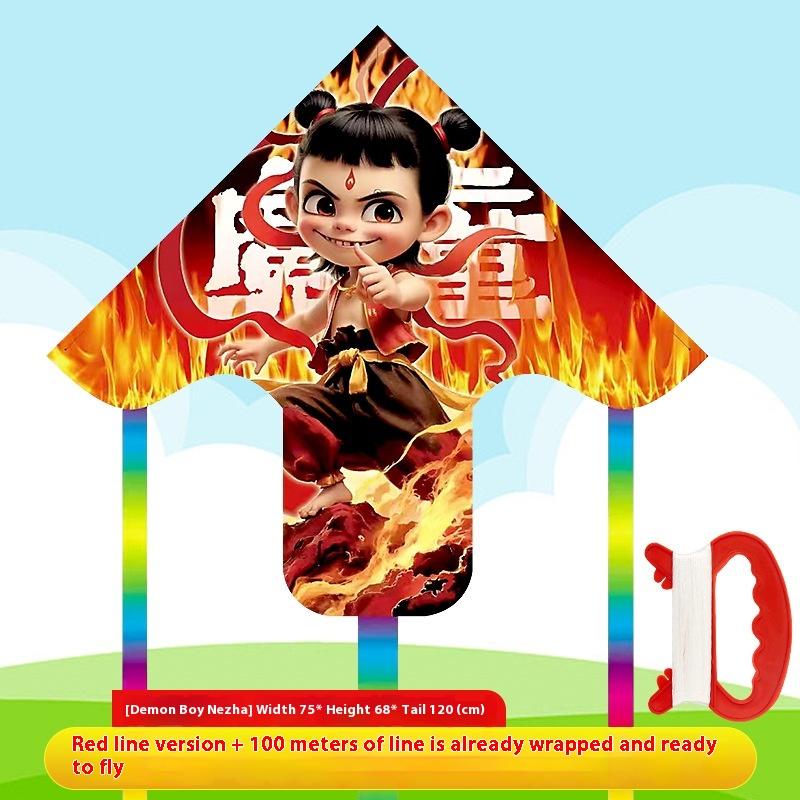 1 Set Cartoon Nezha Foldable Mini Plastic Kites Hand Brake Fishing Rod Children Kite Toy Kids Fun Outdoor Toys