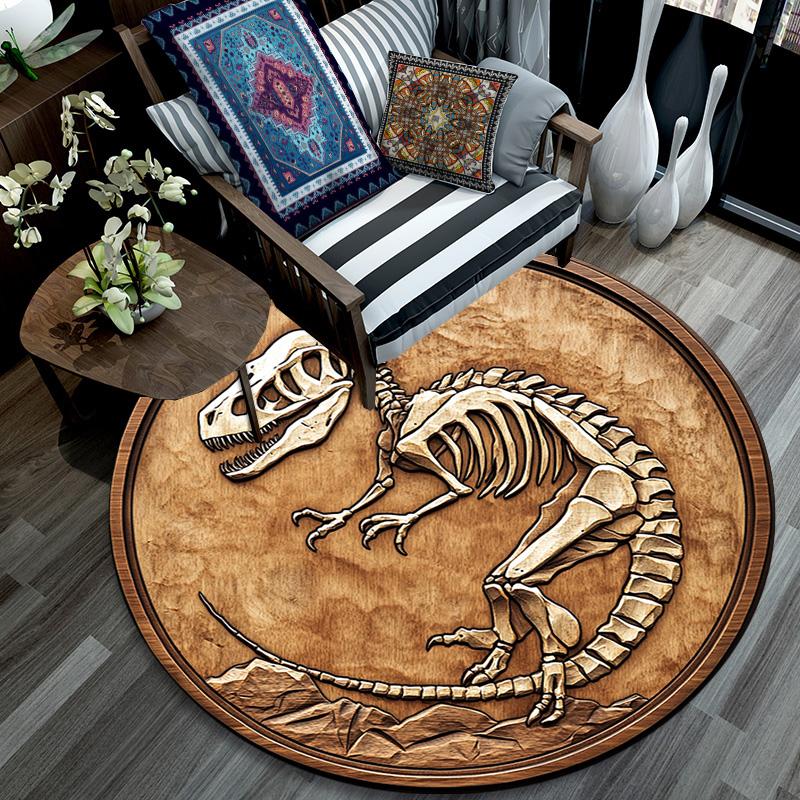 Dinosaur Fossil Relief Round Area Rug,Carpet Rug for Living Room Bedroom Sofa Playroom Decor,Non-slip Floor Mat
