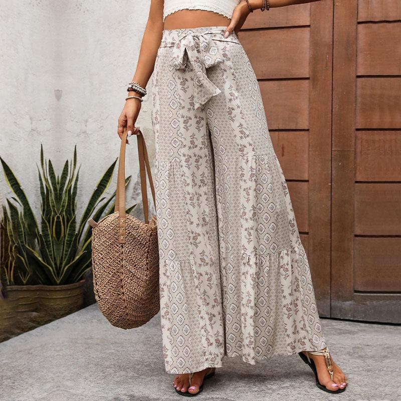 Pantaloni Estivi Boho da Donna Vita Alta Allacciatura Gamba Larga Pantaloni Corti
