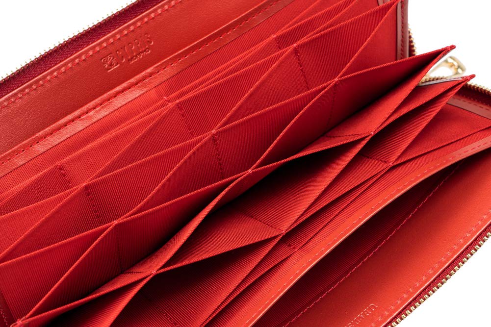 Cypris Pon Compact Honeycell Long Wallet with Zipper Perfect Gift for 6465 Closure, Women's Leather, Father's Day, Mother's Day, Birthdays, Red,
