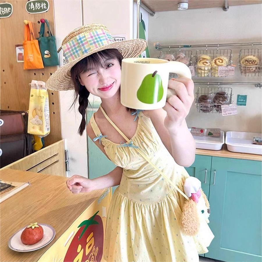 Dopamine Yellow Suspender Dress Female Sweet Small Holiday Wind Polka Dot Bud Skirt Waist Fluffy Skirt Summer