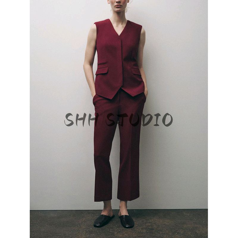 Women's Spring Clothing Mid-Waist Mini Bell-Bottom Pants 2514797 V Neck Sleeveless Pocket Vest 2446797