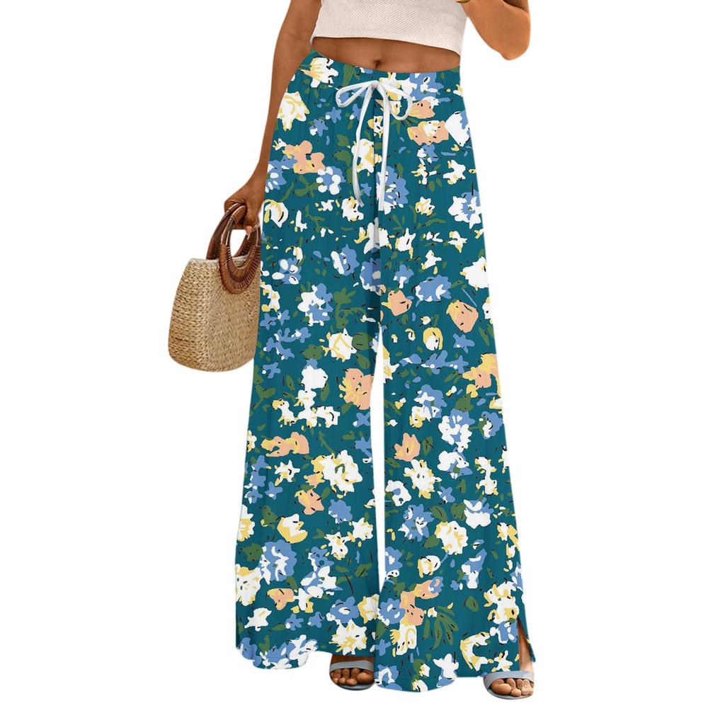Dámské potištěné kalhoty s širokými nohavicemi s kapsami Vysoký pas Stahovací šňůrka Volné ležérní kalhoty