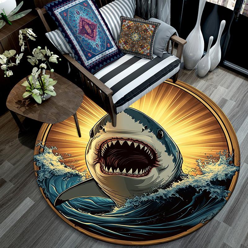 Great White Shark Round Area Rug,Carpet Rug for Living Room Bedroom Sofa Playroom Decor,Non-slip Floor Mat