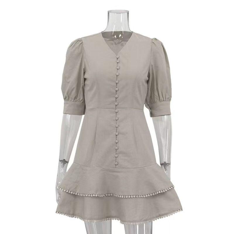 

Fashion Style V-neck Lantern Sleeve Dress New Arrival Single-Breasted Lace Skirt Lantern Sleeve Dress Khaki S