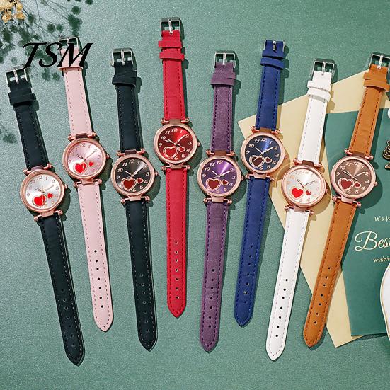 Quartz Watch Women Heart Dial Plate Anti-Scratch Faux Leather Girls Casual Wristwatch for Travel Love