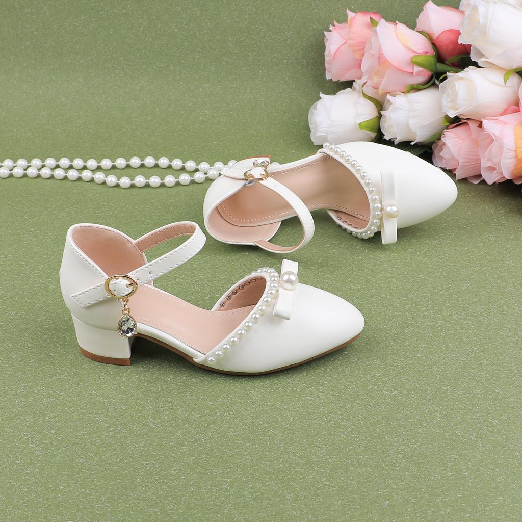 Custom Girls White Pearl Chain Bow Block Heel Dress Shoes Pointed Toe D'Orsay Kids Wedding Flower Girl Pageant Party