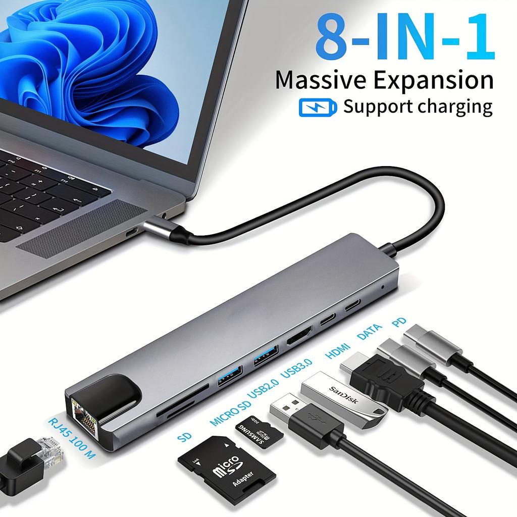8 In 1 USB C Hub Type C To 4K HDTV Adapter with 100M RJ45 SD/TF Card Reader Fast Charger for MacBook Notebook Windows Laptop Computer