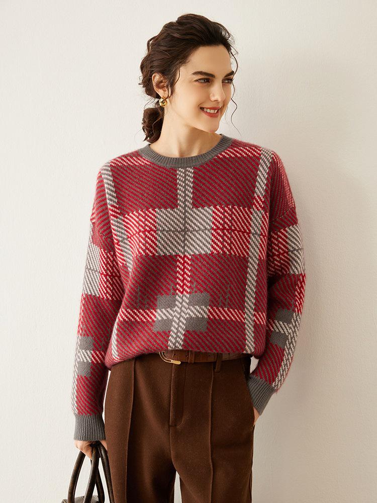 Women's Korean-Style Retro Plaid Knit Cashmere Sweater - Loose Fit, Thick Long Sleeve Pullover