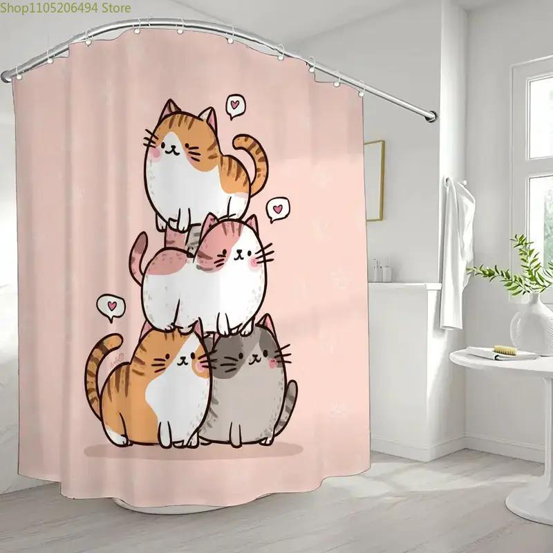 1pc Cute Cat Bathroom Shower Curtain, Cozy Family Theme Valentine's Day Decor with 12 Hooks, 180x180cm Home Window Partition W