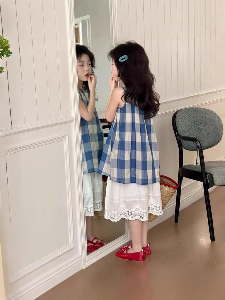 Stylish Plaid Stripe Vest & Lace Hem Top Two-Piece Set for Girls - Summer 2026 Collection
