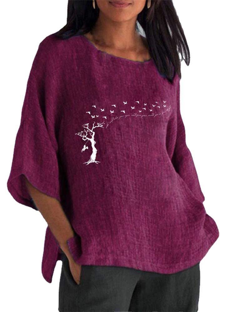 

Women Fashion Cotton Linen 3/4 Long Sleeve Top Spring&summer O Neck Print Shirt Ladies Pullover Loose Blouse 5XL