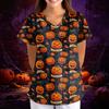 Women's Halloween Print Scrub Top V-Neck Short Sleeve with Pockets - Loose Fit Costume Shirt for Work or Party