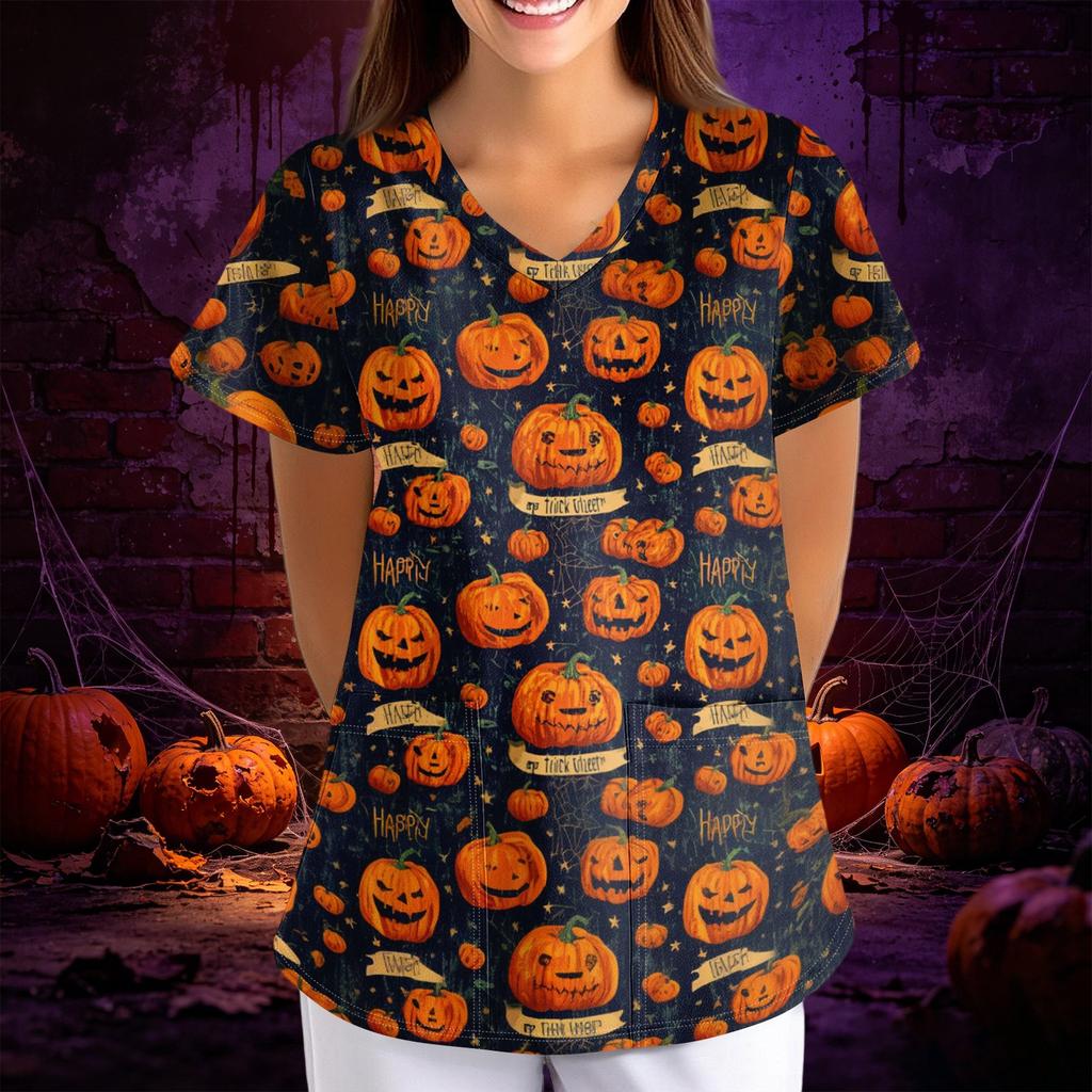 Women's Halloween Print Scrub Top V-Neck Short Sleeve with Pockets - Loose Fit Costume Shirt for Work or Party