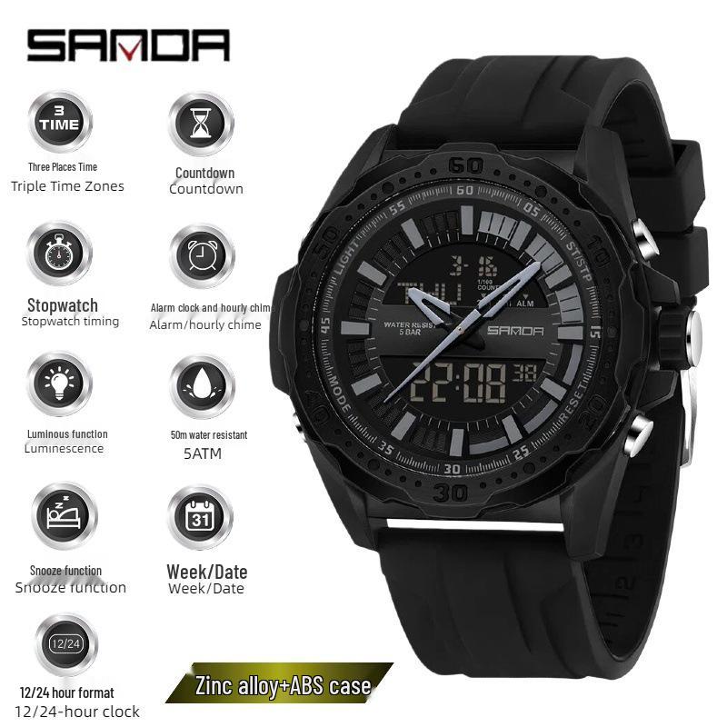 SANDA Multifunctional Outdoor Waterproof Watch with Three-Time Zone and Calendar Features for Students