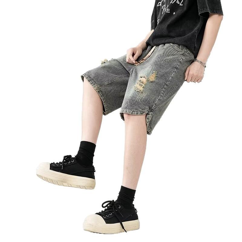American high street denim shorts men's loose washed trend straight versatile sports ripped casual five-point pants