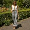 Pantaloni Casual da Donna a Gamba Larga con Patchwork a Quadretti, Orlo Arricciato, Vita Elastica, Vestibilità Rilassata, Lunghi per l'Uso Quotidiano