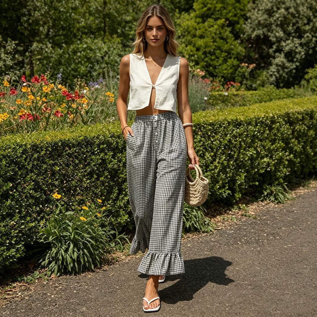 Pantaloni Casual da Donna a Gamba Larga con Patchwork a Quadretti, Orlo Arricciato, Vita Elastica, Vestibilità Rilassata, Lunghi per l'Uso Quotidiano