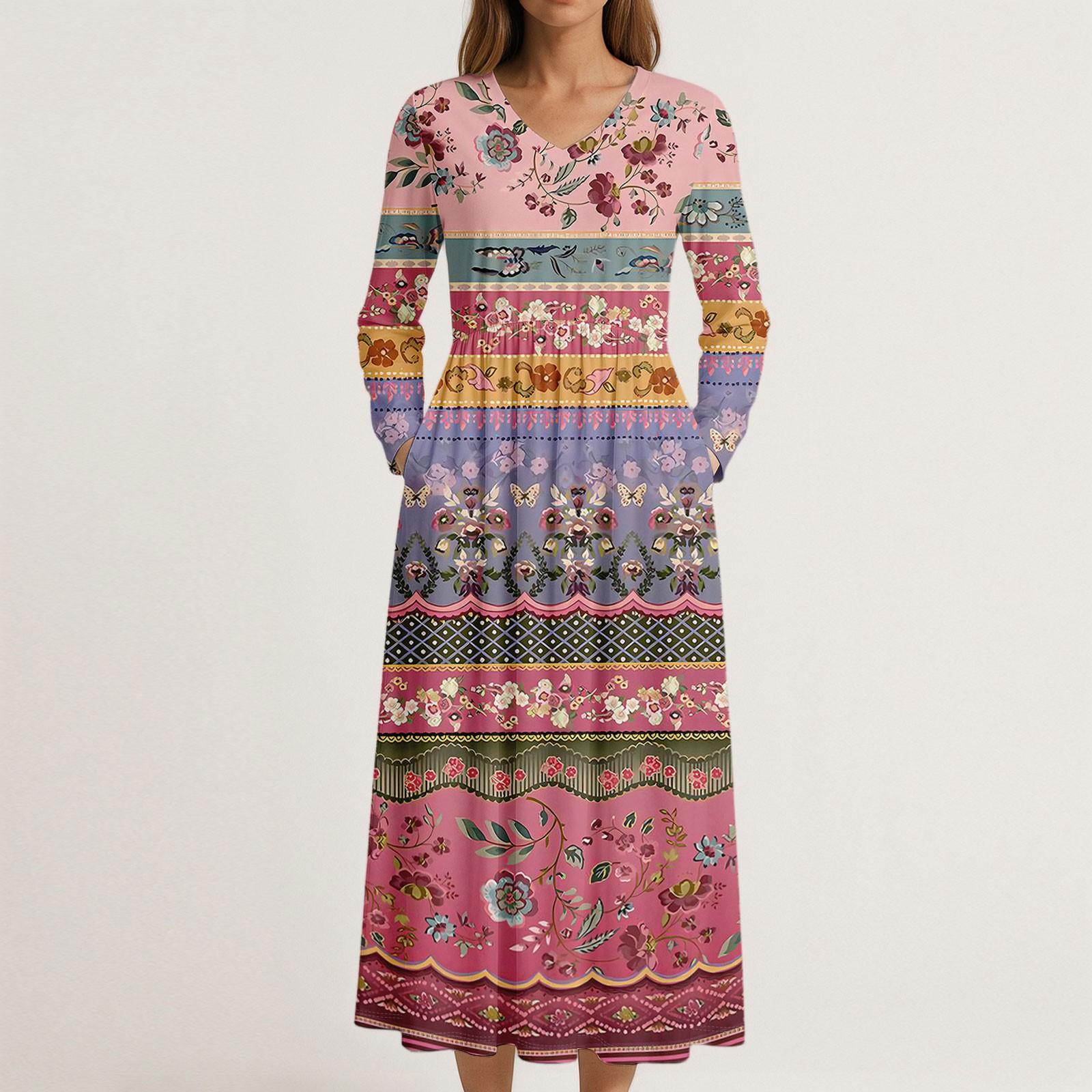 

Платье для женщин длинное бохо пляжное платье элегантное макси-платье V-образный вырез длинный рукав платье с карманами XL киноварь