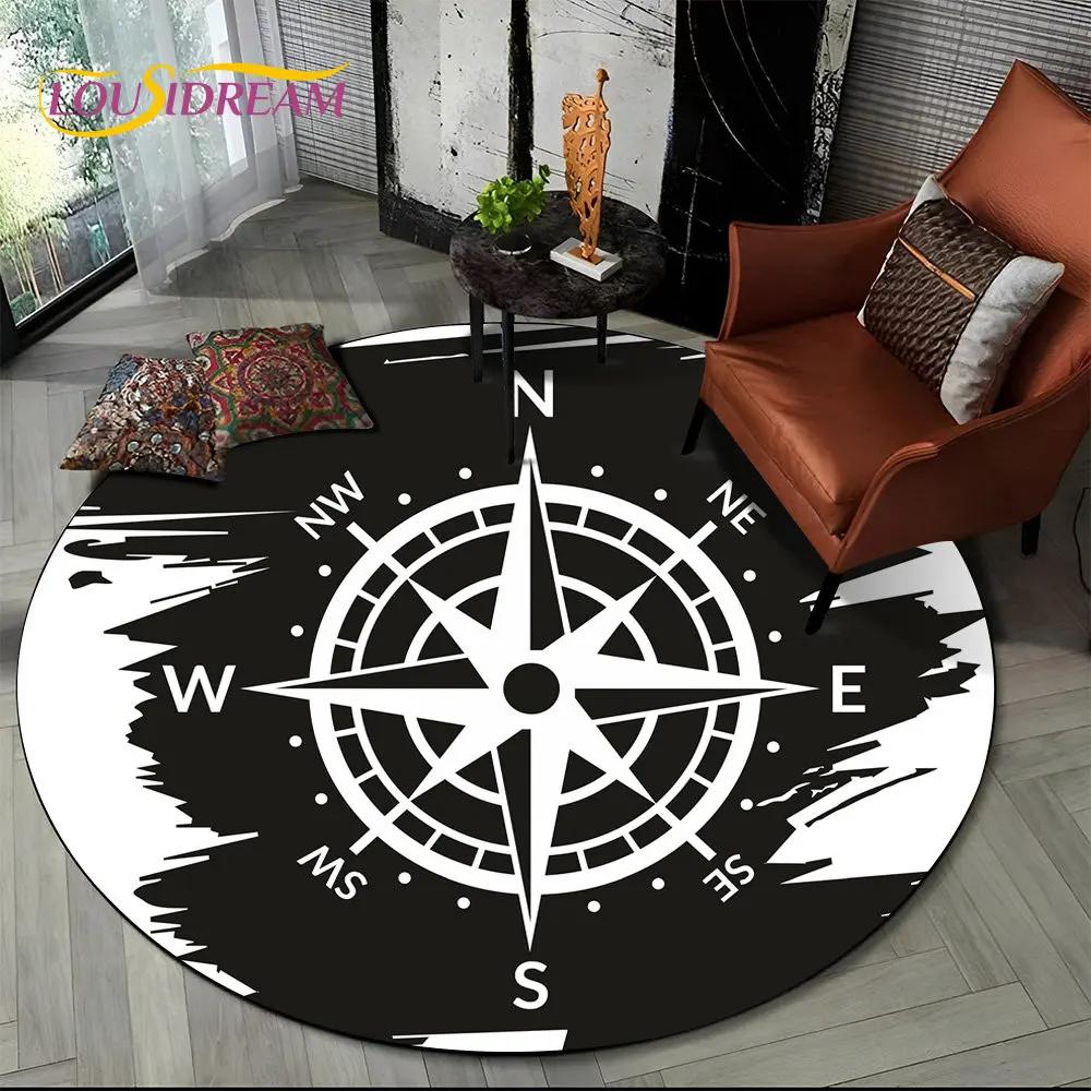 3D Retro Kompass Serie Kreis Teppich,Runder Teppich für Wohnzimmer Schlafzimmer Sofa Fußmatte Dekor Rutschfeste Bodenmatte Geschenk