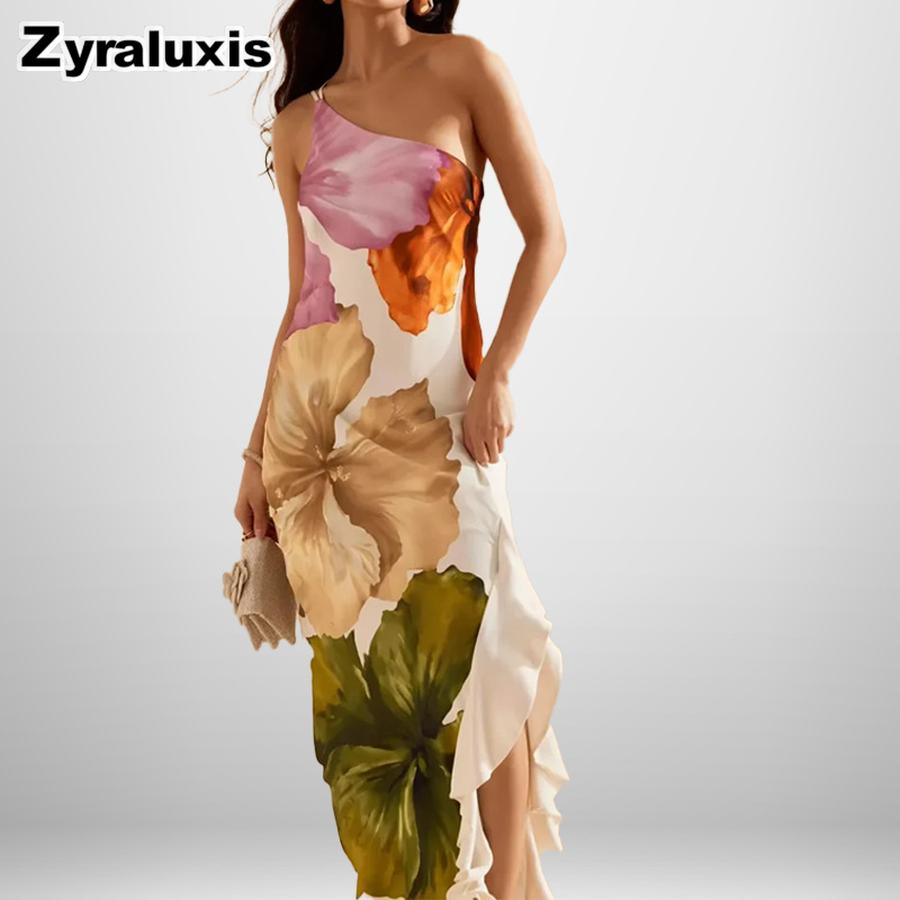 Spring New Women s Dresses Elegant One-Shoulder Strap Printed Long Dress S