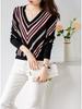 Women's Slimming V-Neck Striped Long-Sleeve Sweater – Versatile Autumn/Winter Fashion.