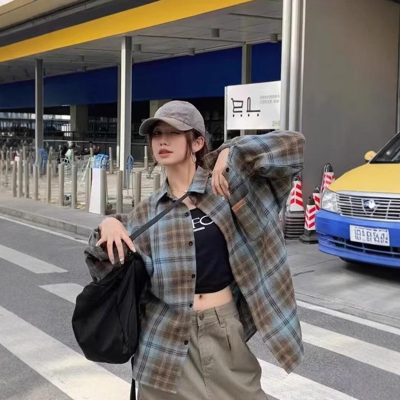 

Женская рубашка в клетку в стиле ретро с длинным рукавом - Осенне-зимний свободный кардиган средней длины XXL коричневый