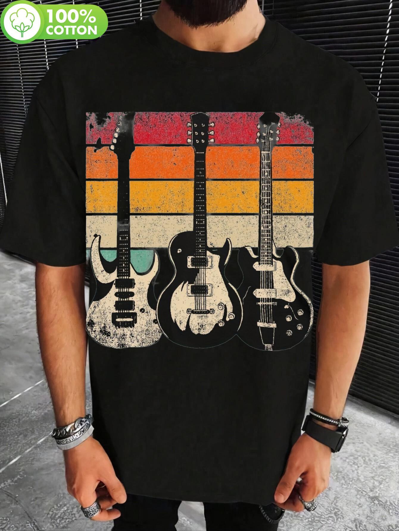 

Retro 3 Electric Guitar Graphic T-shirt - 180g 100% Cotton Crew Neck Short Sleeve Tee with Vibrant Color Block Stripes S